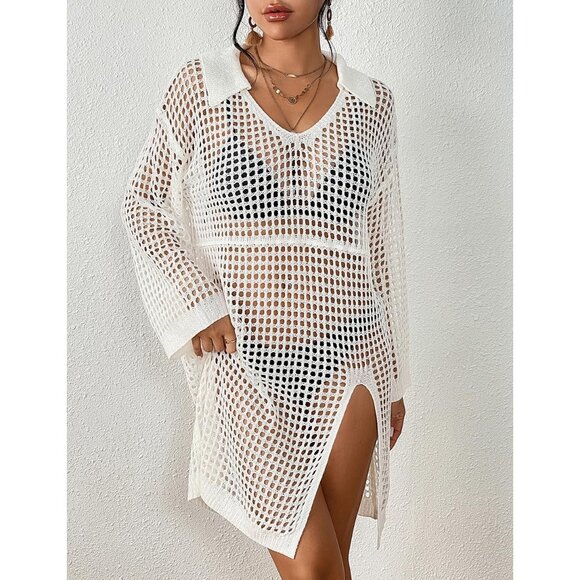 🆕Women White Polyester Crochet Cover Up Long Sleeve Beach Summer Dress Top - Picture 5 of 7
